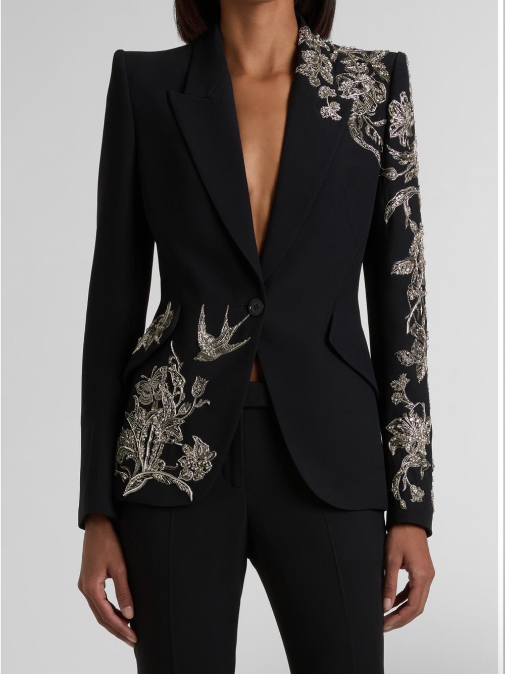 Alexander McQueen tattoo embroidery peak shoulder crepe blazer